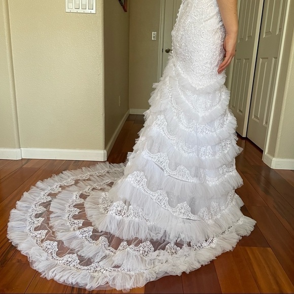 GALINA SIGNATURE Floral Ruffle Lace Beads Fit and Flare Wedding Maxi Dress Sz 0 - Picture 8 of 16